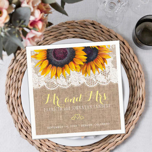 Sunflowers burlap lace mr and mrs rustic wedding napkins | Zazzle