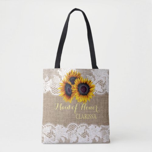 Sunflowers burlap lace wedding maid of honor tote bag