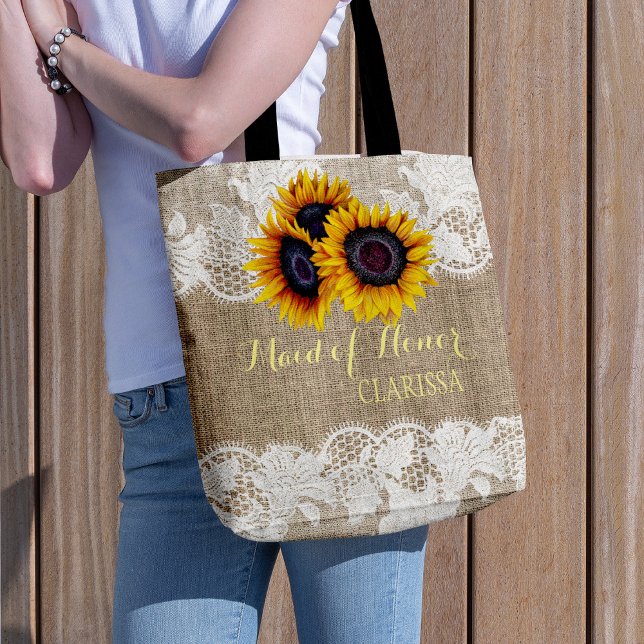 Sunflowers burlap lace wedding maid of honor tote bag (Creator Uploaded)