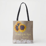 Sunflowers burlap lace wedding mother of the bride tote bag<br><div class="desc">Rustic elegant summer or autumn fall wedding stylish mother of the bride / mother of the groom / bridesmaid / maid of honor / flower girl tote bag on beige faux burlap featuring beautiful yellow gold sunflowers bouquets and white lace borders on both faces. Easy to personalize with bridesmaid's name...</div>