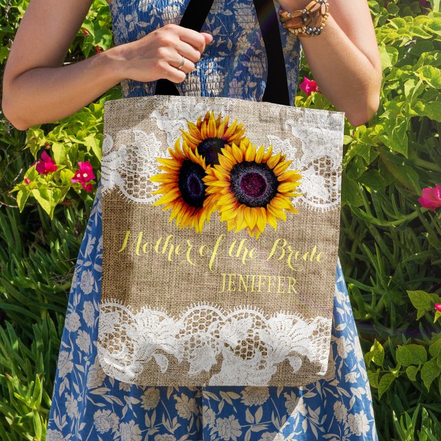 Sunflowers burlap lace wedding mother of the bride tote bag (Creator Uploaded)