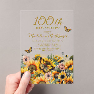 Sunflowers Butterflies 100th Birthday Party Acrylic Invitations