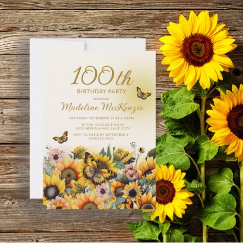 Sunflowers Butterflies 100th Birthday Party Invitation