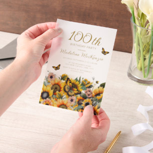 Sunflowers Butterflies 100th Birthday Party Vellum Invitations