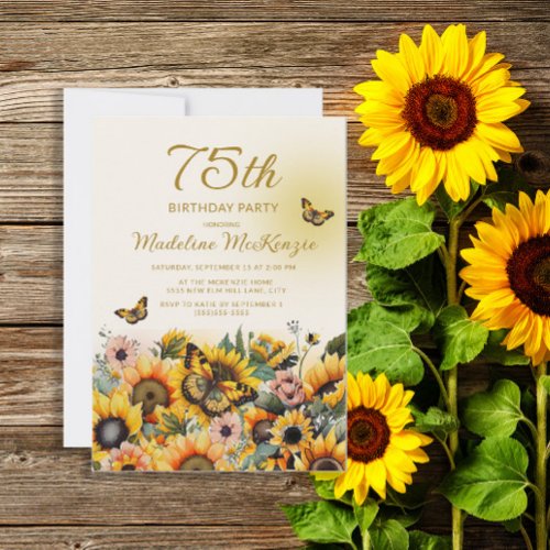 Sunflowers Butterflies 75th Birthday Party Invitation