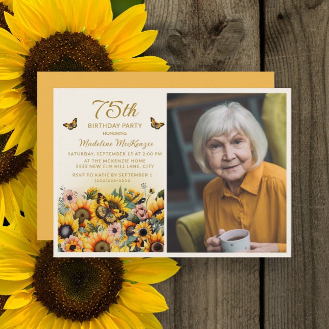 Sunflowers Butterflies 75th Birthday Party Photo Invitation (Sunflowers and butterflies 75th birthday party photo invitation)