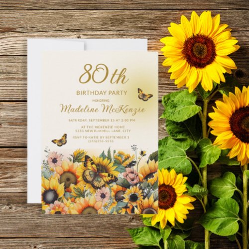 Sunflowers Butterflies 80th Birthday Party Invitation