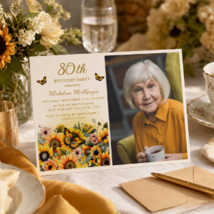 Sunflowers Butterflies 80th Birthday Party Photo Invitation