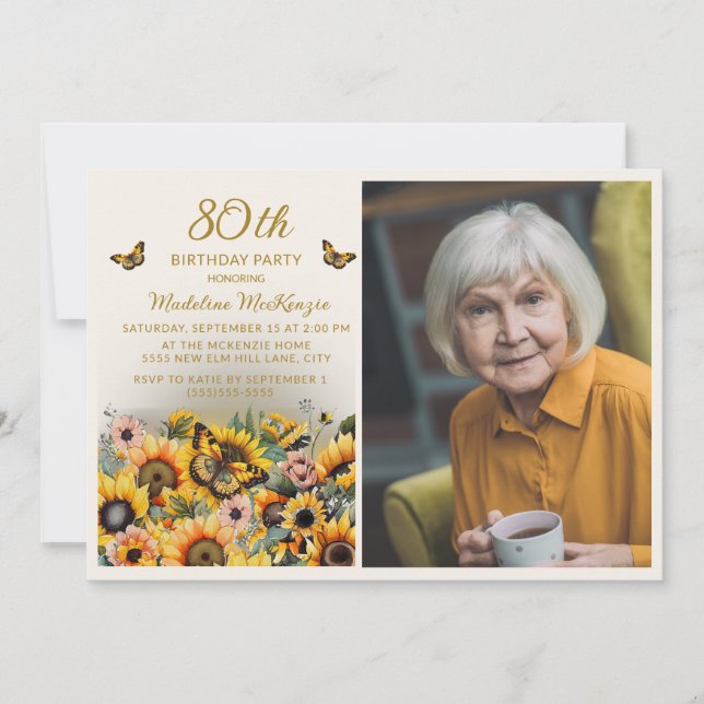 Sunflowers Butterflies 80th Birthday Party Photo Invitation (Front)