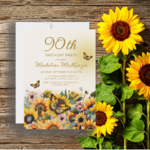 Sunflowers Butterflies 90th Birthday Party Invitation