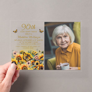 Sunflowers Butterflies 90th Birthday Party Photo Acrylic Invitations