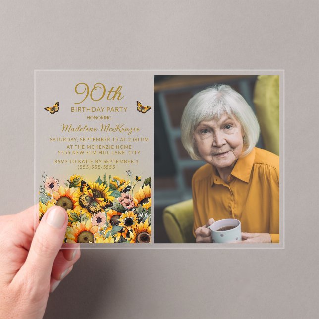 Sunflowers Butterflies 90th Birthday Party Photo Acrylic Invitations (Insitu (Handheld))