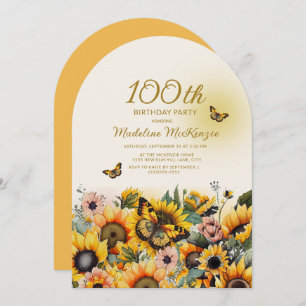 Sunflowers Butterflies Arch 100th Birthday Party Invitation