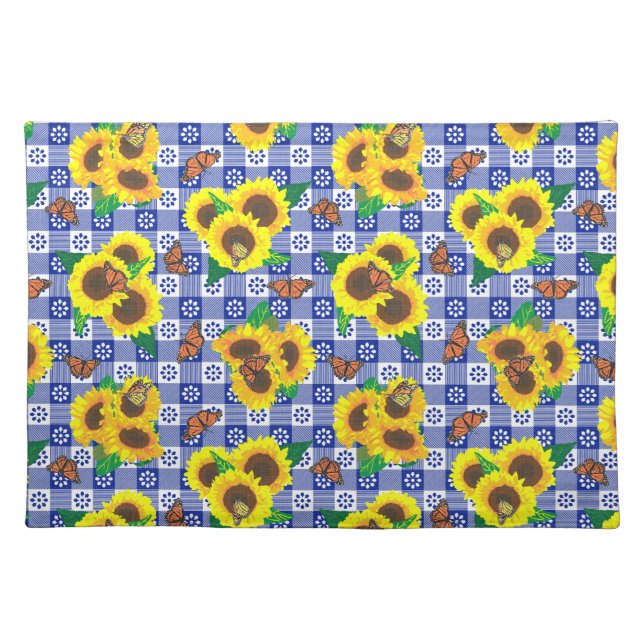 Sunflowers Butterflies Blue Gingham Cloth Placemat (Front)