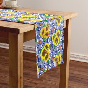 Sunflowers Butterflies Blue Gingham Short Table Runner
