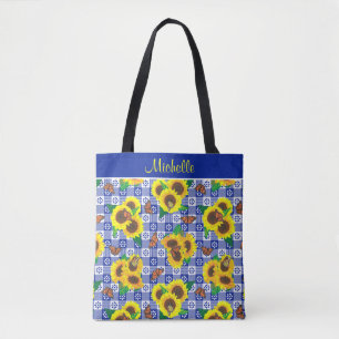 Sunflowers Butterflies Blue Gingham Tote Bag
