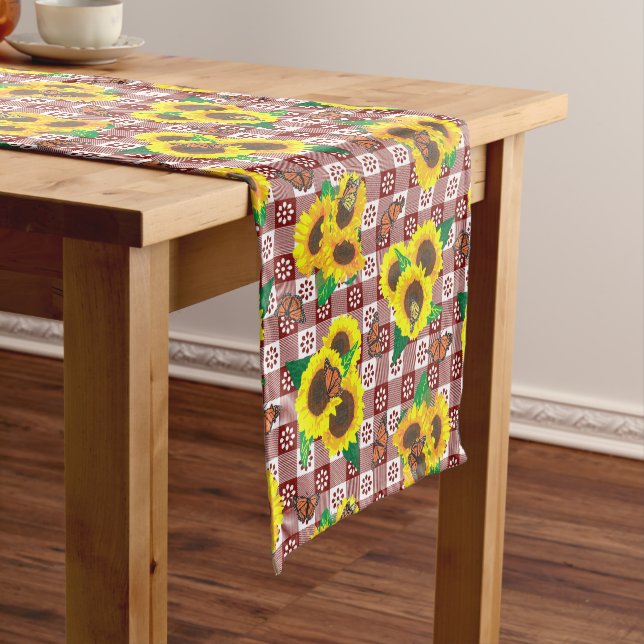 Sunflowers Butterflies Red Gingham Short Table Runner (In Situ)