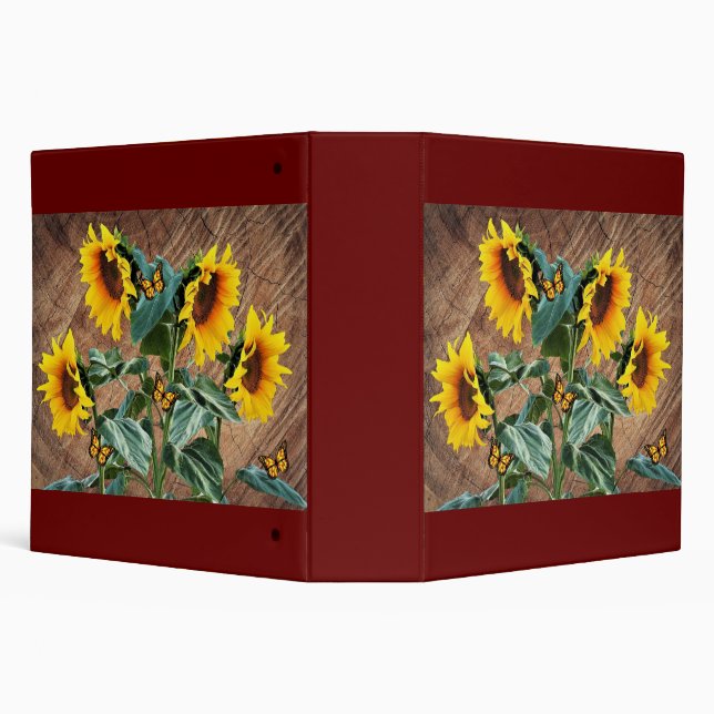 Sunflowers Butterflies Rustic Barn Board 3 Ring Binder (Background)