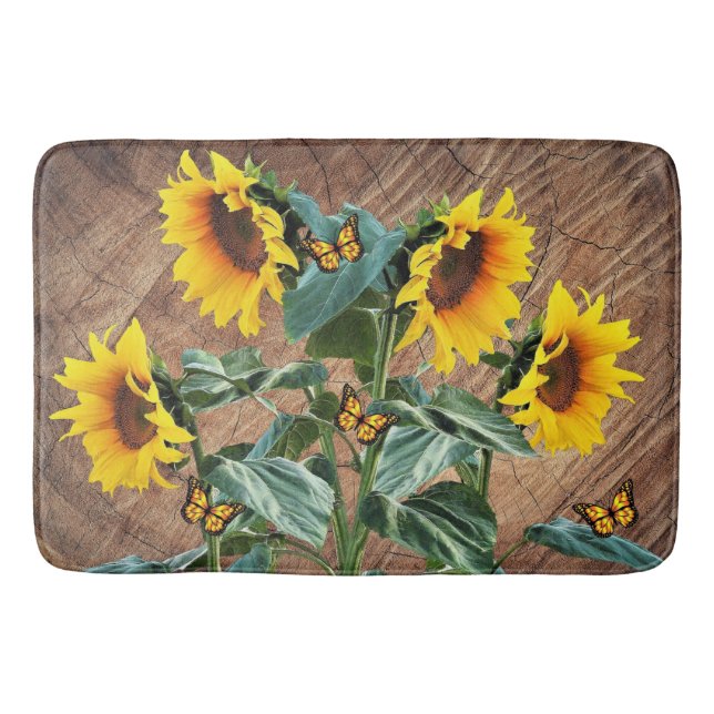 Sunflowers Butterflies Rustic Barn Board Bath Mat (Front)
