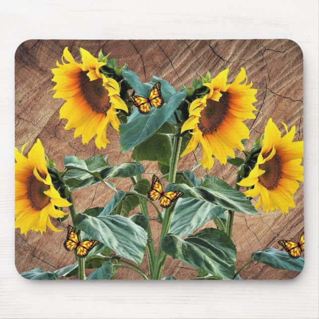 Sunflowers Butterflies Rustic Barn Board Mouse Pad (Front)