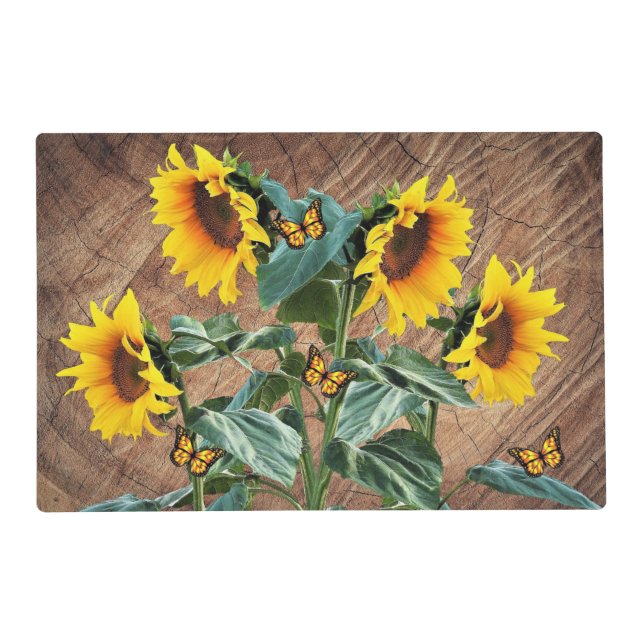 Sunflowers Butterflies Rustic Barn Board Placemat (Front)