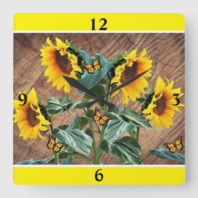 Sunflowers Butterflies Rustic Barn Board Square Wa Wall Clock (Front)