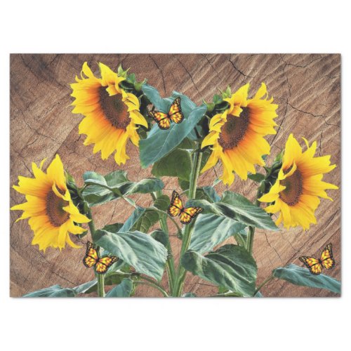 Sunflowers Butterflies Rustic Barn Board Tissue Paper