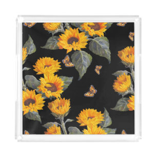 Sunflowers & Butterflies: Watercolor Black Backgro Acrylic Tray