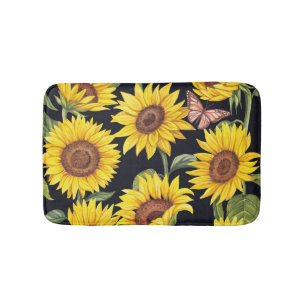 Sunflowers, butterflies, watercolor black backgrou bath mat