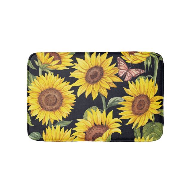 Sunflowers, butterflies, watercolor black backgrou bath mat (Front)