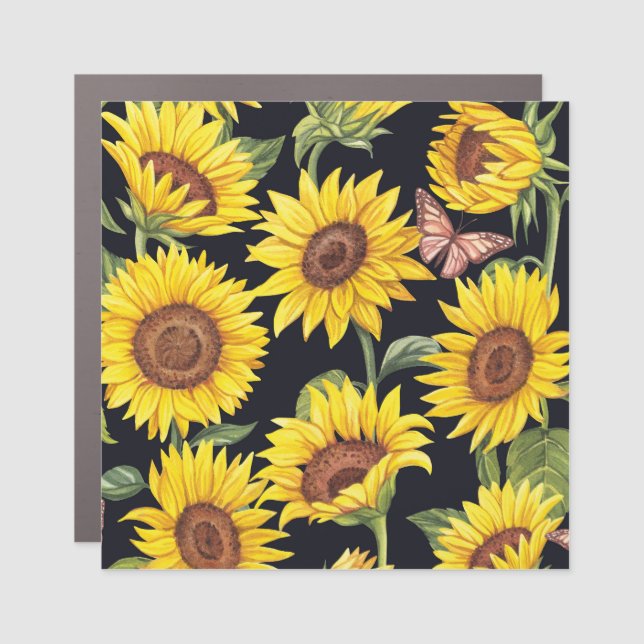 Sunflowers, butterflies, watercolor black backgrou car magnet (Front)