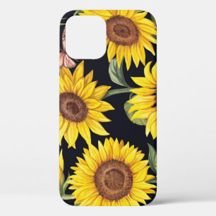 Sunflowers, butterflies, watercolor black backgrou iPhone 12 case