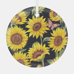Sunflowers, butterflies, watercolor black backgrou glass ornament