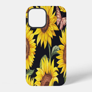 Sunflowers, butterflies, watercolor black backgrou iPhone 12 case