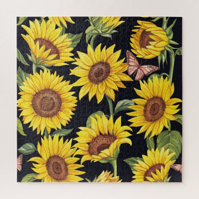 Sunflowers, butterflies, watercolor black backgrou jigsaw puzzle (Vertical)