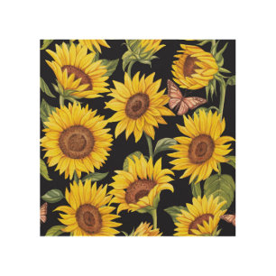 Sunflowers, butterflies, watercolor black backgrou wood wall art