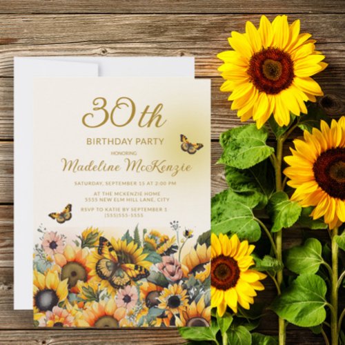 Sunflowers Butterflies Womens 30th Birthday Party Invitation