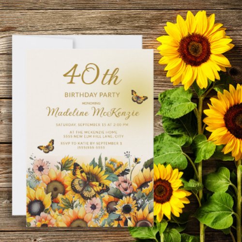 Sunflowers Butterflies Womens 40th Birthday Party Invitation