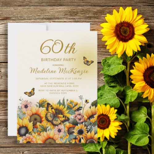 Sunflowers Butterflies Womens 60th Birthday Party Invitation