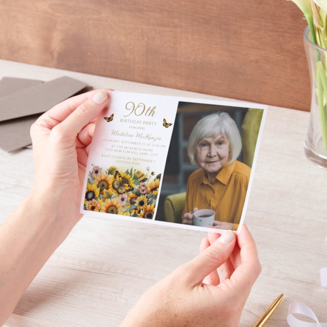 Sunflowers Butterflies Women's 90th Birthday Vellum Invitations (Handheld)