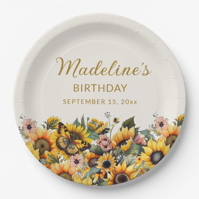 Sunflowers Butterfly Women's Birthday Paper Plates (Front)