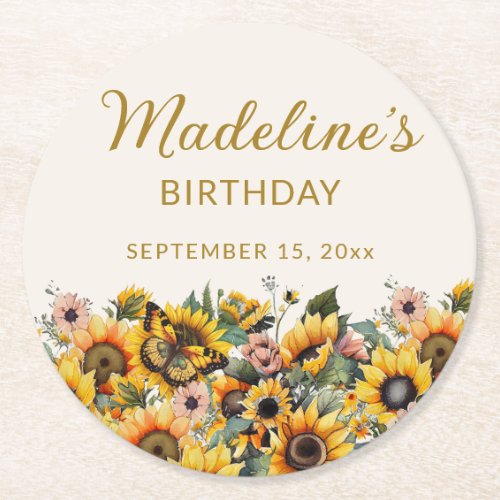 Sunflowers Butterfly Womens Birthday Round Paper Coaster