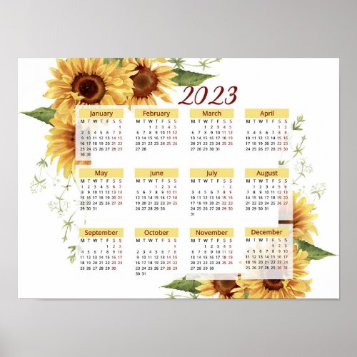Sunflowers Calendar 2023 Calendar Yearly Monday Poster
