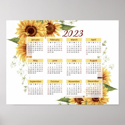 Sunflowers Calendar 2023 Calendar Yearly Poster