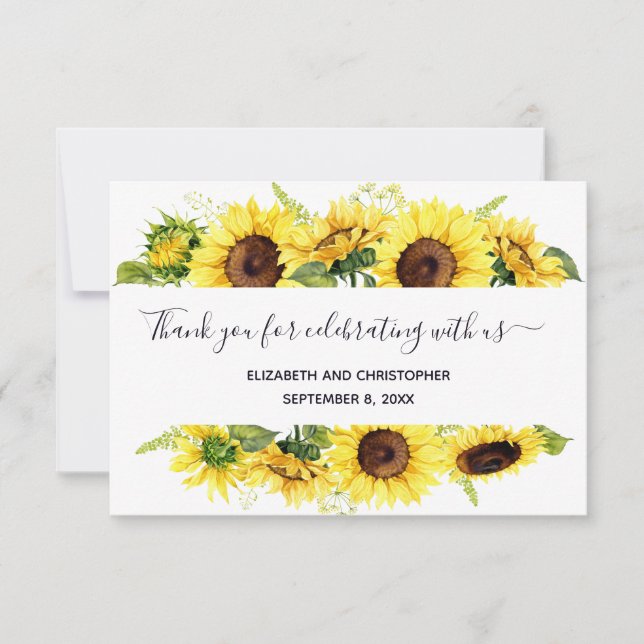 Sunflowers Calligraphy Wedding Thank you card (Front)