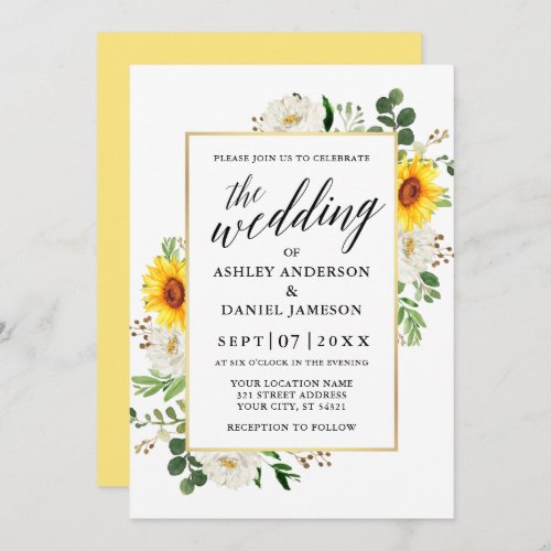 Sunflowers Calligraphy White Floral Wedding Invitation