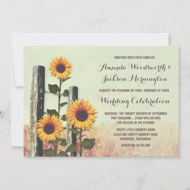 Sunflowers Carved Fence Post Wedding Invitations (Front)