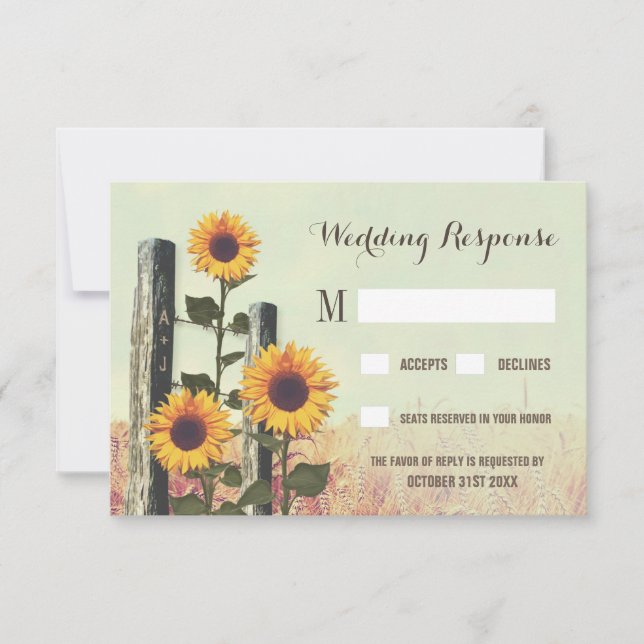 Sunflowers Carved Fence Post Wedding RSVP Cards (Front)