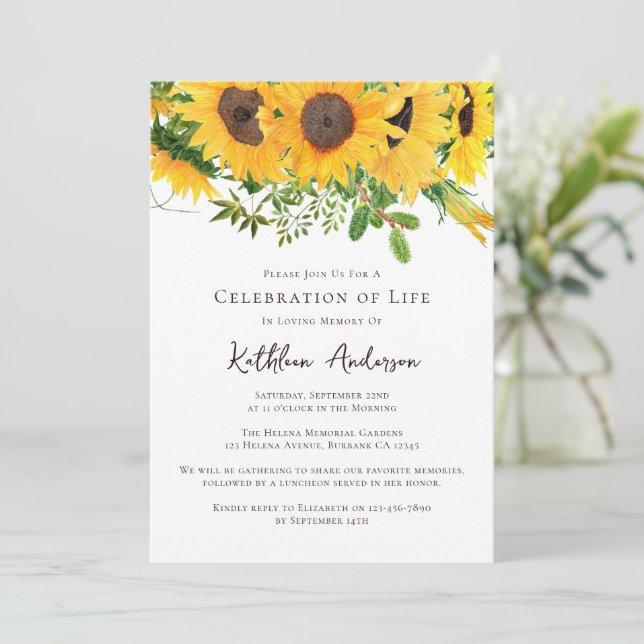 Sunflowers Celebration of Life Funeral Memorial Invitation (Standing Front)