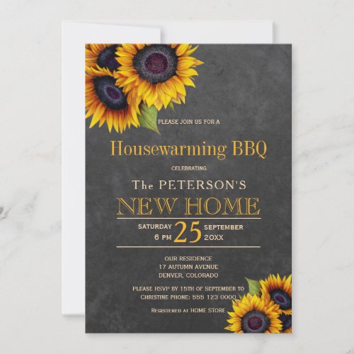 Sunflowers chalkboard autumn housewarming bbq invitation